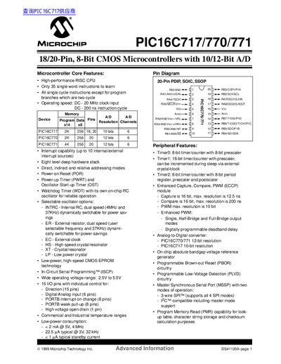 Microchip PIC16C717/770/771 8-Bit CMOS Microcontrollers Data Sheet - cover page