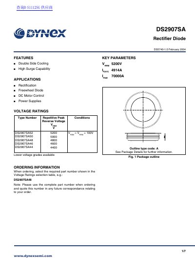 Dynex Semiconductor DS2907SA Rectifier Diode Datasheet - cover page