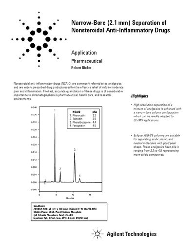 Agilent Narrow-Bore (2.1mm) Separation of Non-Steroidal Anti-Inflammatory Drugs Application Note - cover page