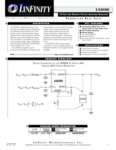 Linfinity LX8580 Adjustable Regulator Datasheet - cover page
