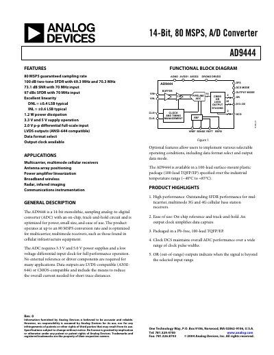 Analog Devices AD9444 14‑Bit 80 MSPS ADC Datasheet Rev 0