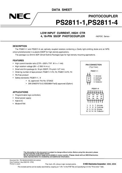 NEC PS2811-1/PS2811-4 Photo Coupler Data Sheet - cover page