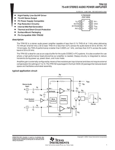 Texas Instruments TPA152 75‑mW Stereo Audio Power Amplifier Datasheet - cover page