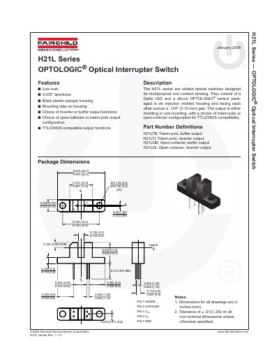 Fairchild H21L Series Optical Interrupter Switch Datasheet - cover page