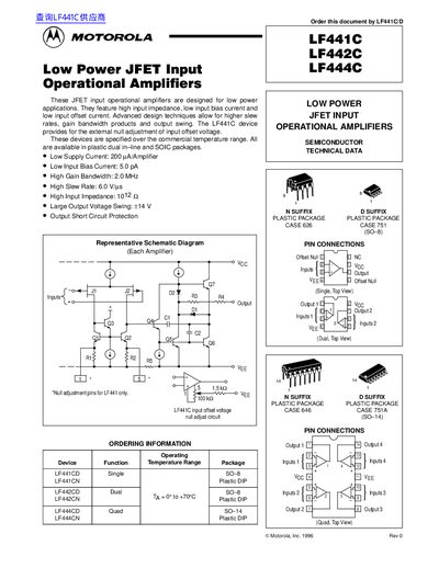 Motorola LF441C LF442C LF444C Low Power JFET Input Operational Amplifiers Datasheet - cover page