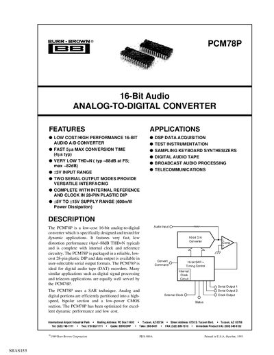Burr-Brown PCM78P 16-Bit Audio ADC Datasheet - cover page