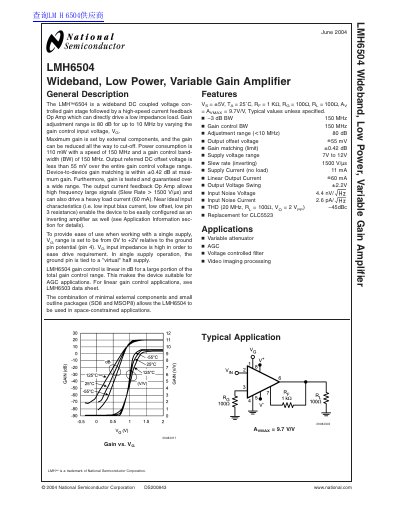 National Semiconductor LMH6504 Wideband Low Power Variable Gain Amplifier Datasheet