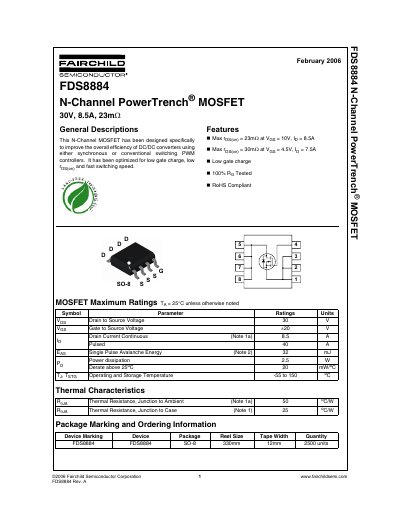 Fairchild Semiconductor FDS8884 N-Channel MOSFET Datasheet - cover page