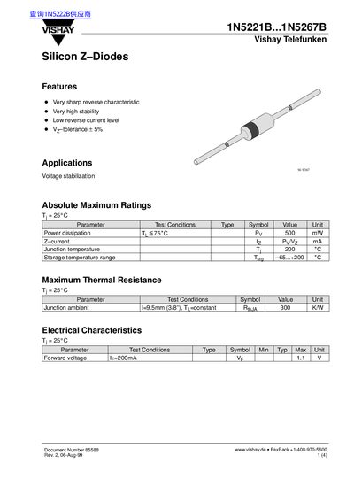 Vishay 1N5221B-1N5267B Silicon Z‑Diode Datasheet - cover page