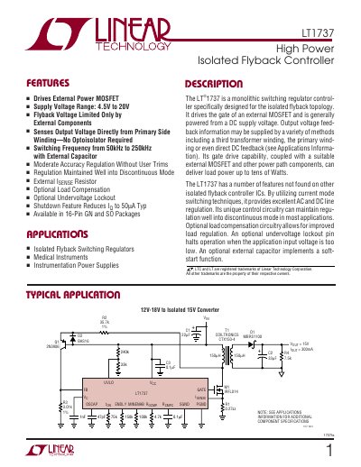 Linear Technology LT1737 High Power Isolated Flyback Controller Datasheet - cover page