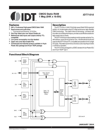 IDT IDT71016 Datasheet - cover page