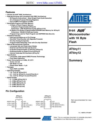ATMEL Atmel AVR micro controller ATtiny12 handbook  - cover page