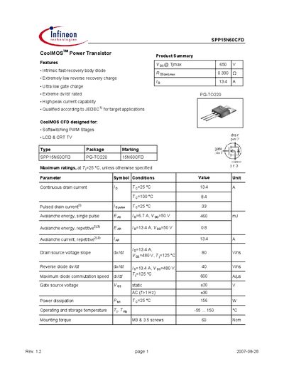 Infineon SPP15N60CFD Power Transistor Datasheet - cover page