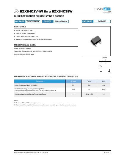 panjit BZX84C2V4W THRU BZX84C39W  - cover page