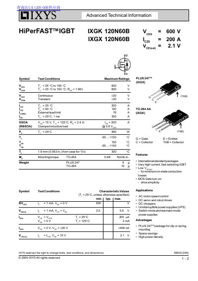 IXYS IXGK 120N60B IGBT Module Datasheet - cover page