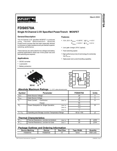Fairchild FDS6570A Single N-Channel MOSFET Datasheet - cover page