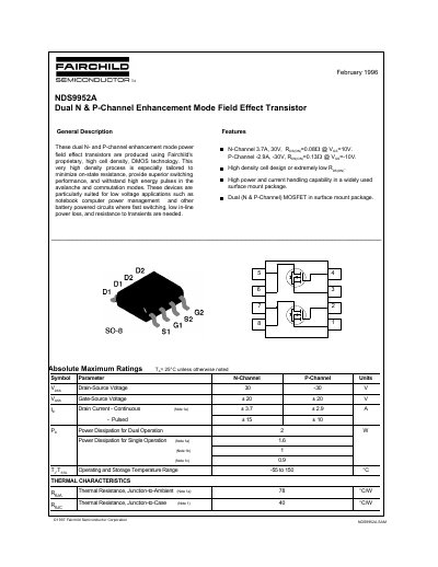 Fairchild Semiconductor NDS9952A Dual N & P-Channel Enhancement Mode FET Datasheet - cover page