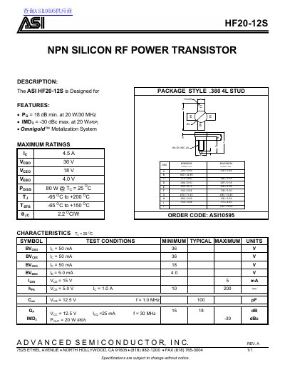 Advanced Semiconductor HF20-12S RF Power Transistor Datasheet - cover page