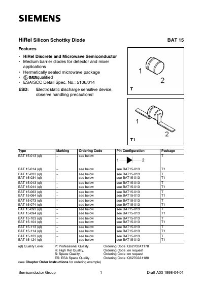 Siemens BAT 15 HiRel Silicon Schottky Diode Datasheet - cover page