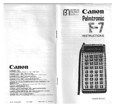 Canon Palmtronic F-7 Calculator Instructions Manual - cover page