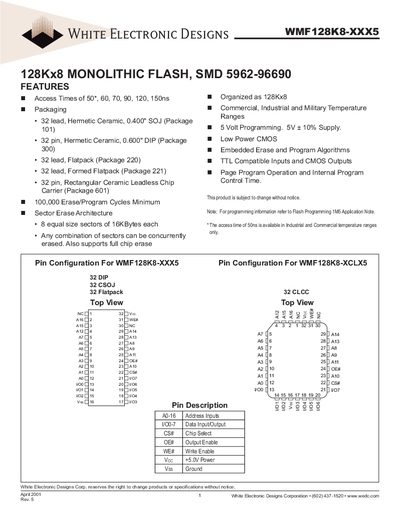 White Electronic Designs WMF128K8-XXX5 Datasheet - cover page