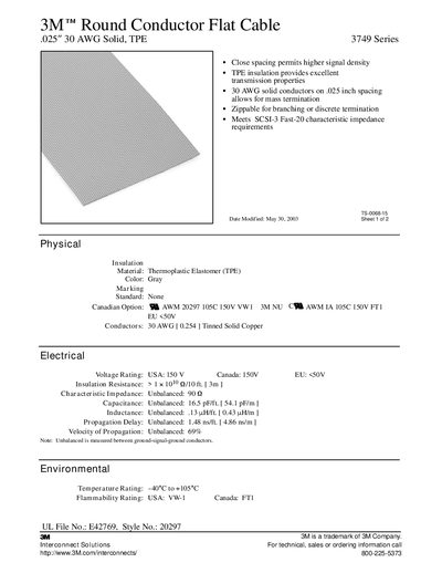 3M 3749 Series Round Conductor Flat Cable Product Data Sheet - cover page