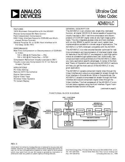 Analog Devices ADV601LC Video Codec Datasheet - cover page