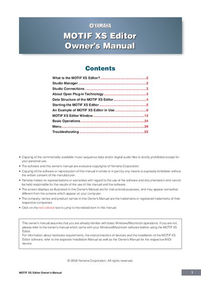 Yamaha MOTIF XS Editor Owner's Manual - cover page