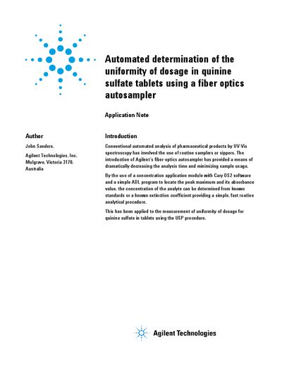 Agilent SPS-5 Autosampler Application Note for Quinine Sulfate Analysis