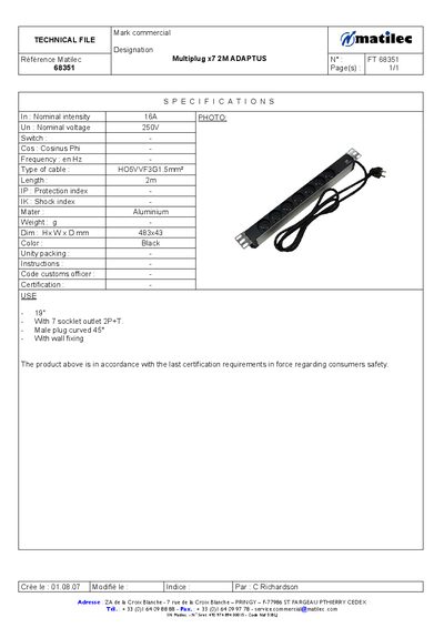 Matilec FT 68351 Multiplug Product Leaflet - cover page