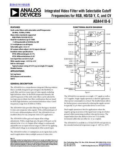 Analog Devices ADA4410-6 Integrated Video Filter Datasheet - cover page