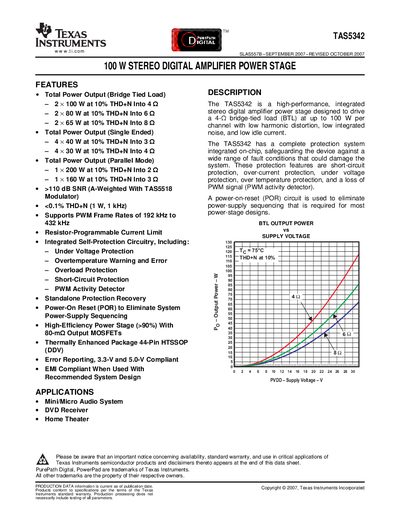Texas Instruments TAS5342 100 W Stereo Digital Amplifier Power Stage Datasheet - cover page