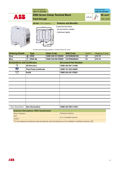 Schneider ZS95 Screw Clamp Terminal Block 95 mm² Feed‑through Datasheet - cover page
