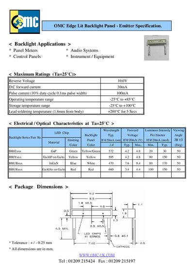 OMC Edge Lit Backlight Panel Emitter Specification Datasheet - cover page