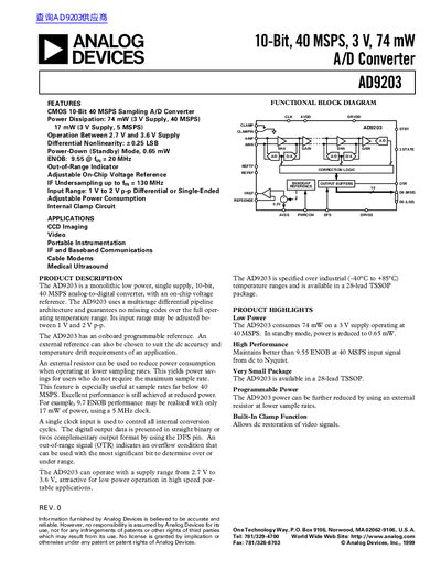 ANALOG DEVICES 10-Bit 40 MSPS 3 V 74 mW A/D Converter AD9203 handbook - cover page
