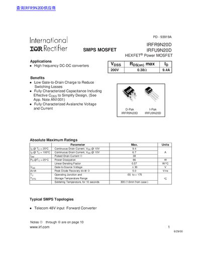 International IOR Rectifier IRFR9N20D/IRFU9N20D handbook - cover page