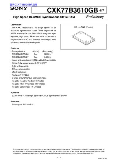Sony CXK77B3610GB High Speed Bi-CMOS Synchronous SRAM Datasheet - cover page