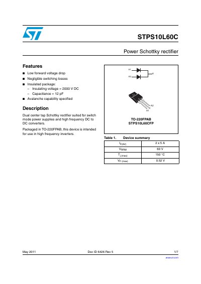 STMicroelectronics STPS10L60C Power Schottky Rectifier Datasheet