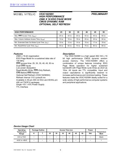 Mosel Vitelic V53C16258H High Performance 256K x 16 EDO Page Mode CMOS Dynamic RAM Datasheet - cover page