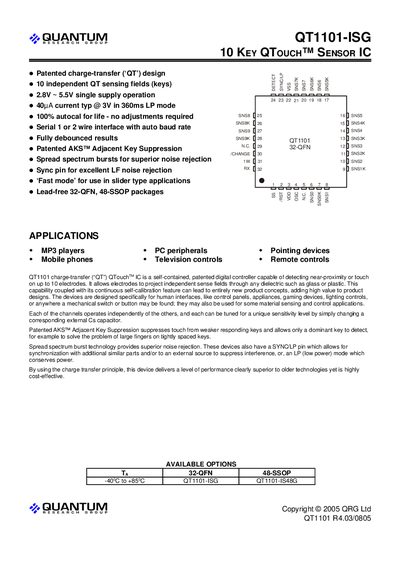 Quantum QT1101-ISG 10-Key QTouch Sensor IC User Manual - cover page