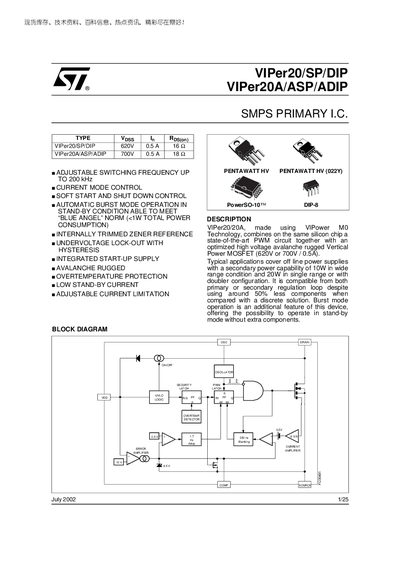 STMicroelectronics VIPer20/SP/DIP and VIPer20A/ASP/ADIP Datasheet - cover page