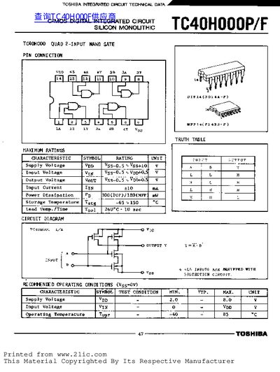Toshiba TC40H000P/F Quad 2-Input NAND Gate Datasheet - cover page