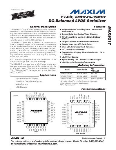 Maxim MAX9217 27‑Bit 3MHz‑to‑35MHz DC‑Balanced LVDS Serializer Datasheet - cover page