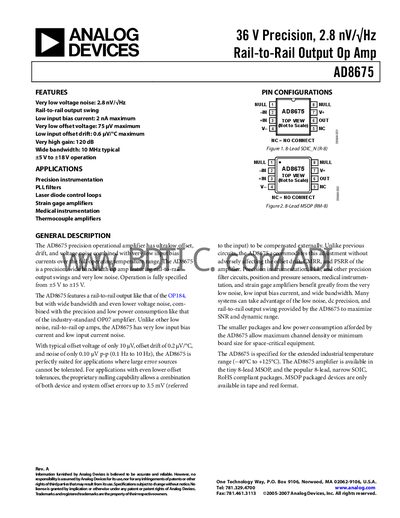 Analog Devices AD8675 Operational Amplifier Datasheet - cover page
