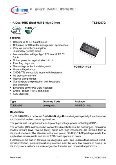 infineon 1-A Dual-HBD (Dual-Half-Bridge Driver) TLE4207G Manual - cover page