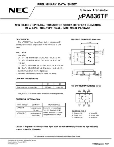 NEC uPA836TF Silicon Transistor Preliminary Data Sheet - cover page