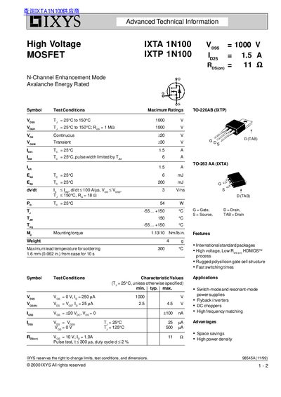 IXYS IXTA/IXTP 1N100 High Voltage MOSFET Datasheet - cover page