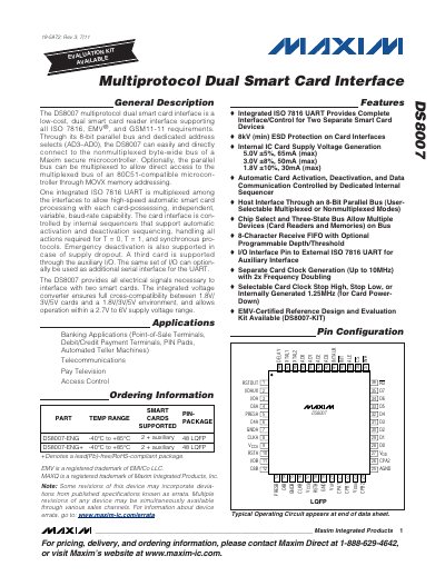 Maxim DS8007 Multiprotocol Dual Smart Card Interface Datasheet