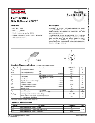 Fairchild Semiconductor FCPF400N60 N-Channel MOSFET Datasheet - cover page
