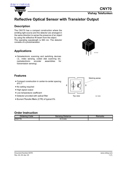 Vishay Telefunken CNY70 Reflective Optical Sensor Datasheet - cover page